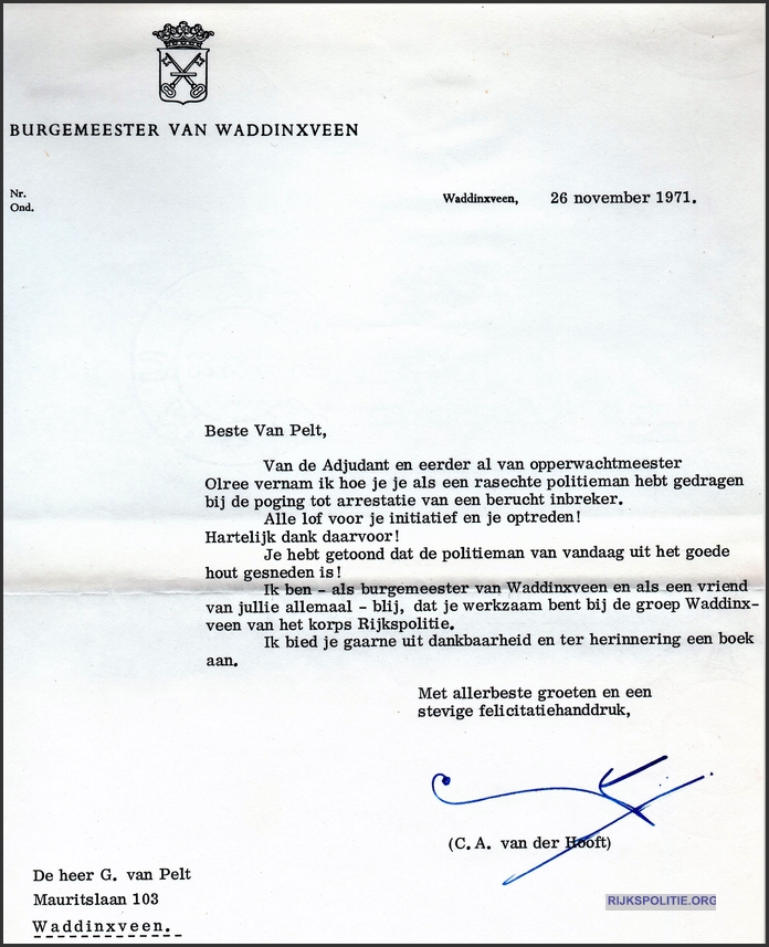GRP Waddinxveen ontvoering 8 M5 Dankbrief GvPelt bw(7V)