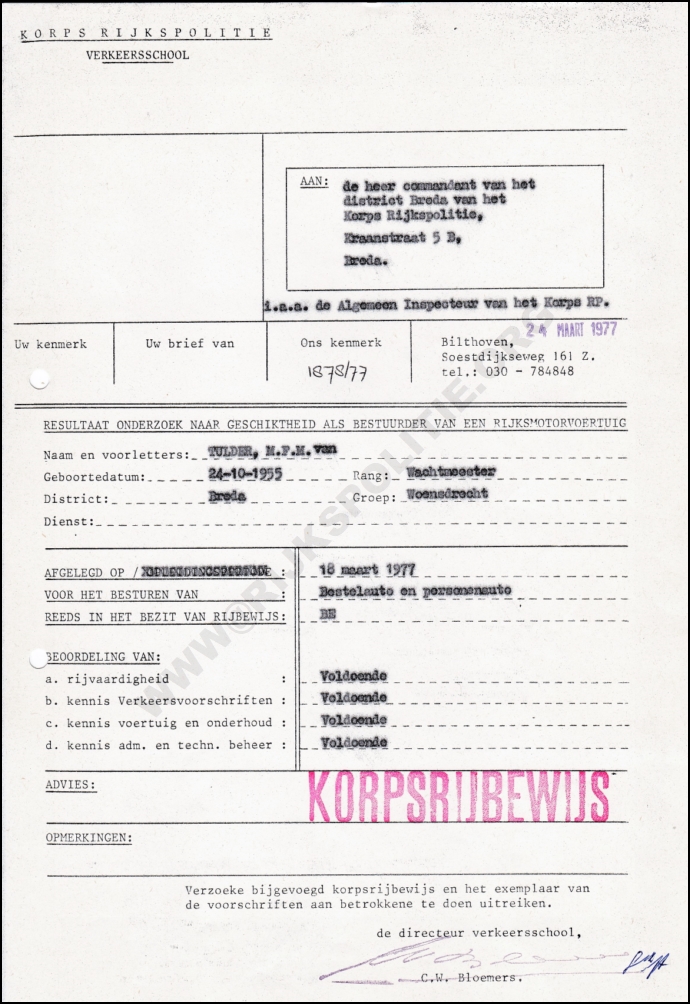 OPLS Harlingen 1977 03 14 HT Tulder Geschiktheid voor Korps rijbewijs bw(WM) (7V)