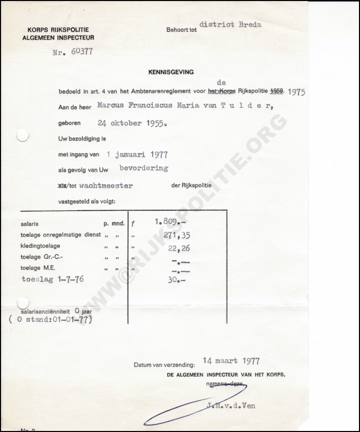 OPLS Harlingen 1977 03 14 HT Tulder Kennisgeving van bevordering tot wmr bw(WM) (7V)