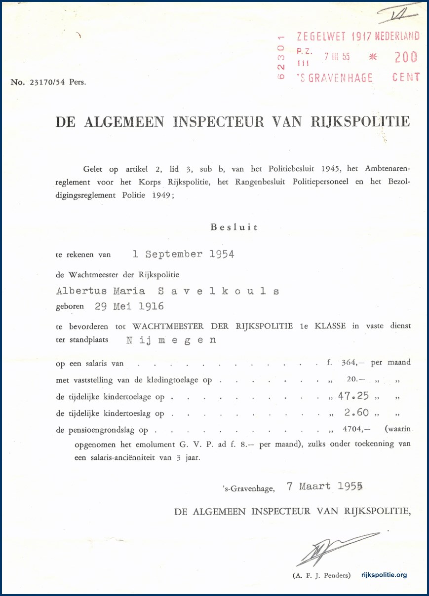 RPtW Alg Archief Savelkouls 4 Aanstelling 1-9-1954 (VT)